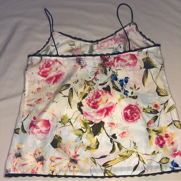 NY&C Floral Cami Tank Top Small | Ivory Lace Trim Sleeveless Blouse - Picture 3 of 6